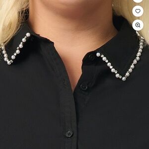 Black Button Down with Pearls & diamonds in collar trim 1X
